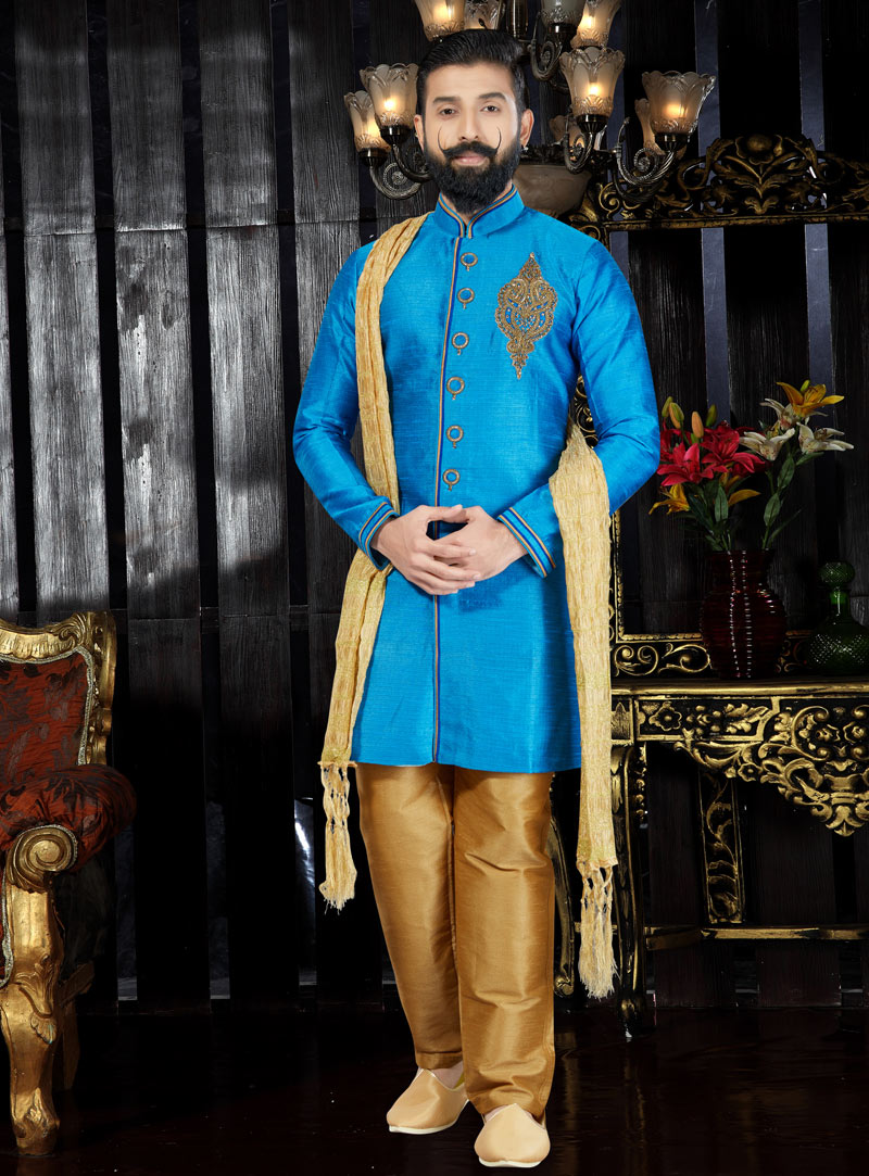 Blue Silk Readymade Kurta Pajama 97482