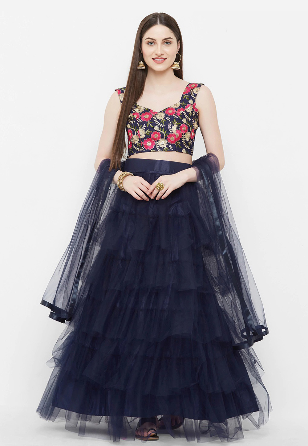 Navy Blue Net Designer Lehenga Choli 216532