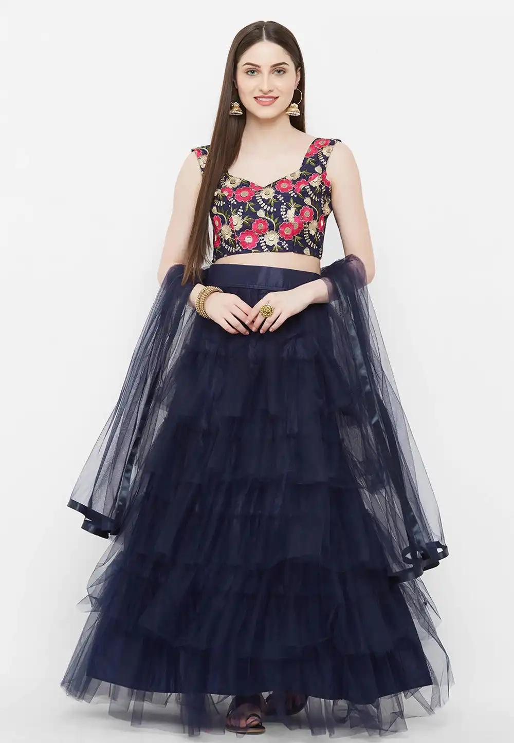 Navy Blue Net Designer Lehenga Choli 216532