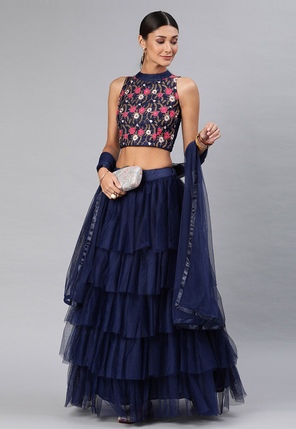 Navy Blue Net Circular Lehenga Choli 216533