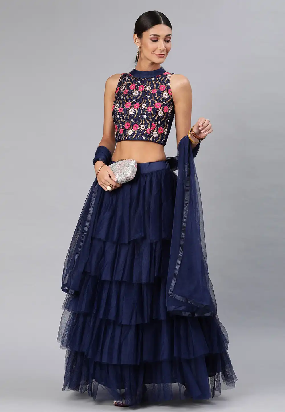 Navy Blue Net Circular Lehenga Choli 216533