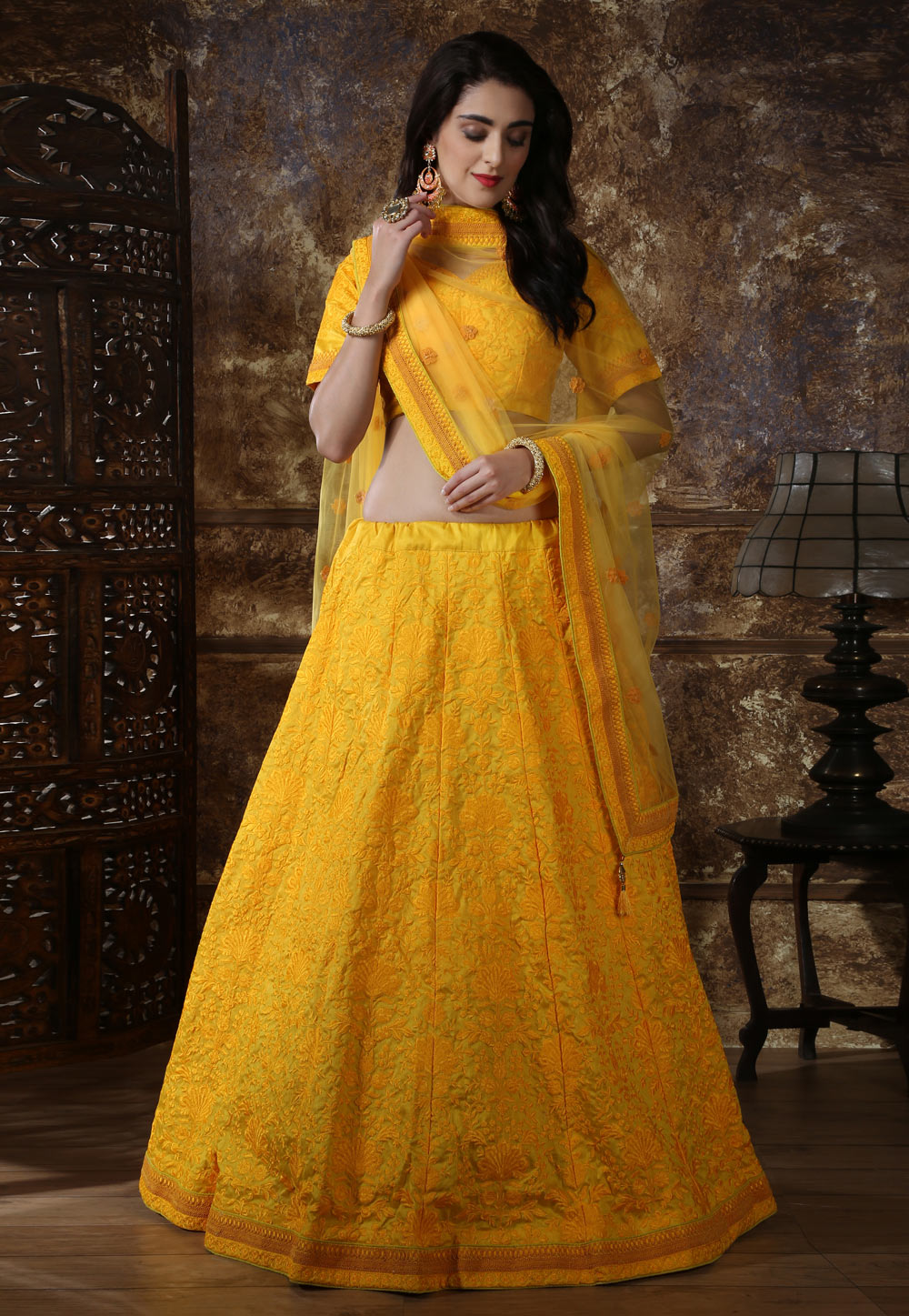 Yellow Silk Embroidered Circular Lehenga Choli 180874