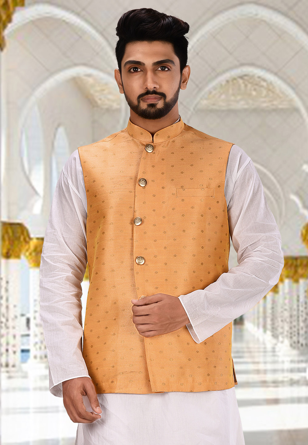 Orange Cotton Readymade Nehru Jacket 214310