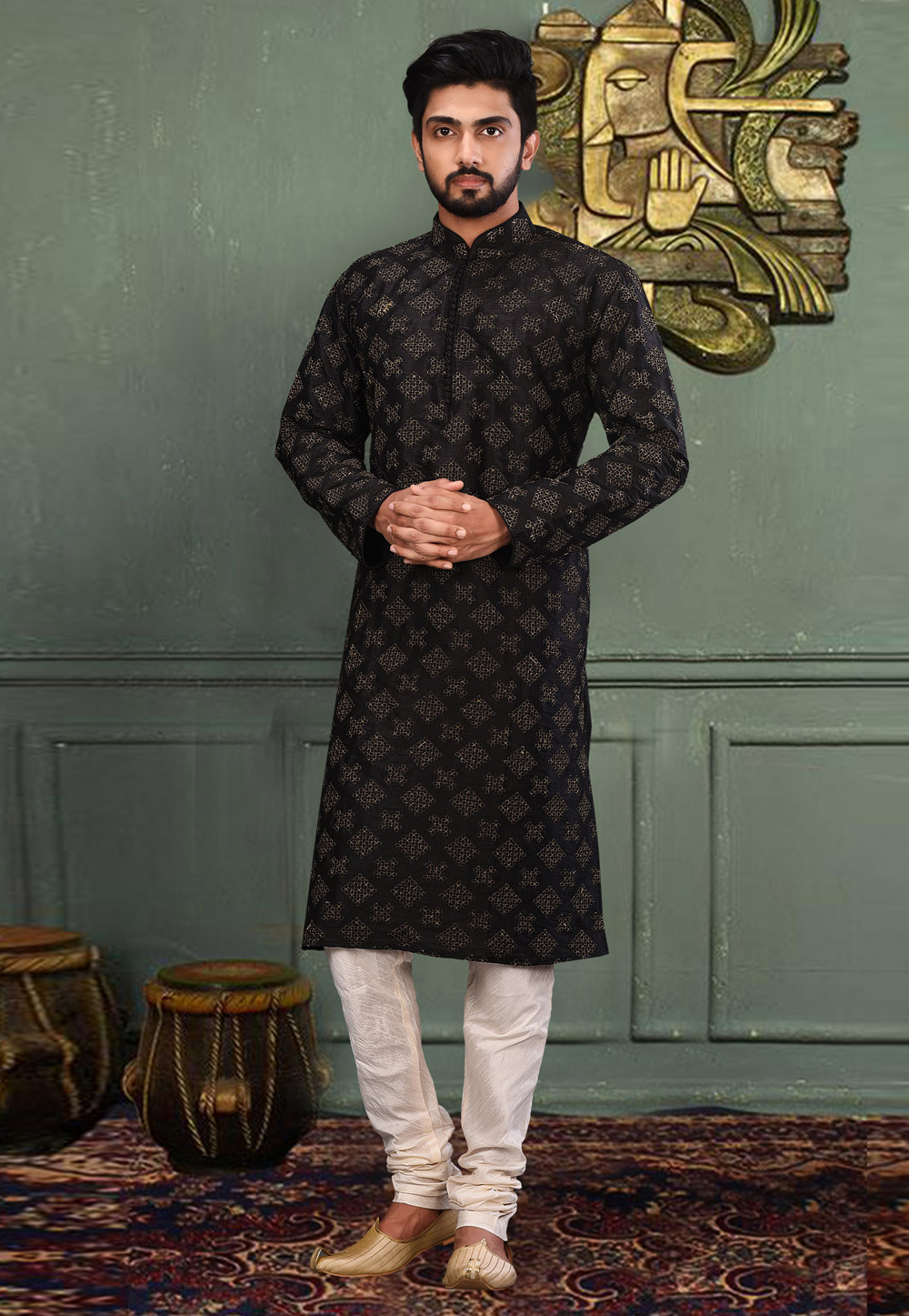 Black Dupion Readymade Kurta Pajama 214312