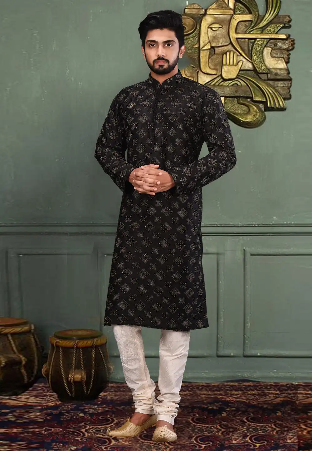 Black Dupion Readymade Kurta Pajama 214312