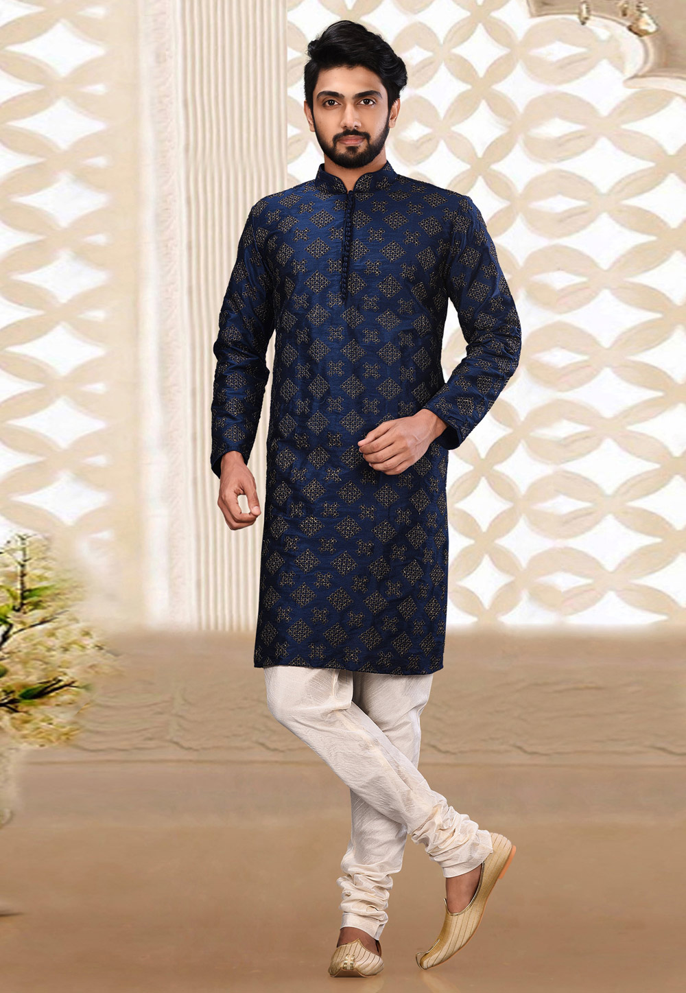 Navy Blue Dupion Readymade Kurta Pajama 214313