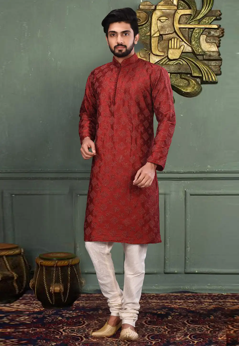 Maroon Dupion Readymade Kurta Pajama 214314