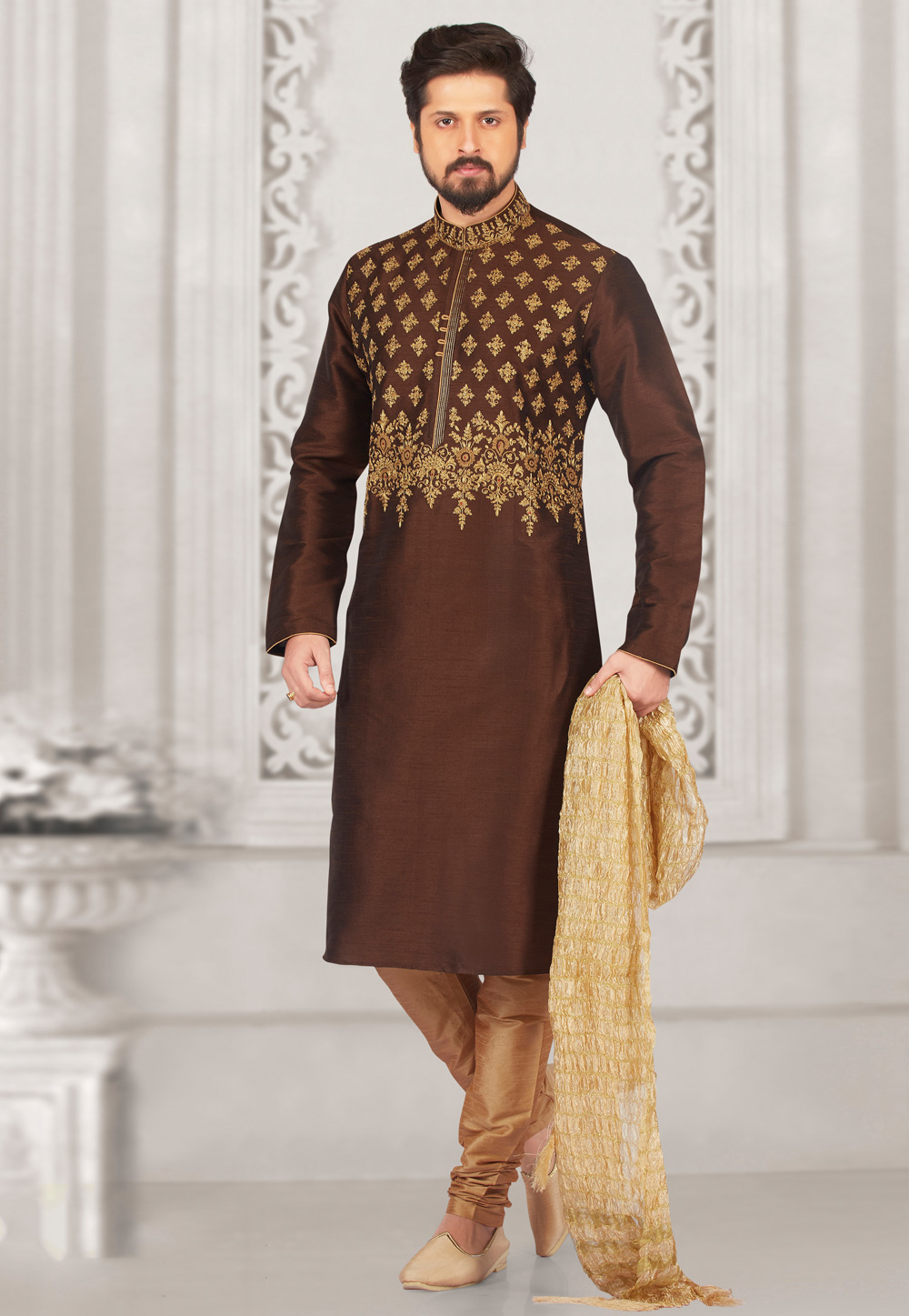 Brown Art Silk Readymade Kurta Pajama 154802
