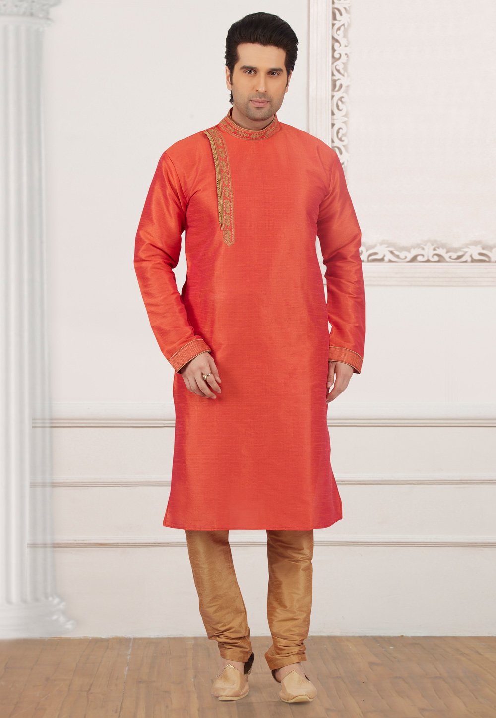 Orange Art Silk Readymade Kurta Pajama 154811