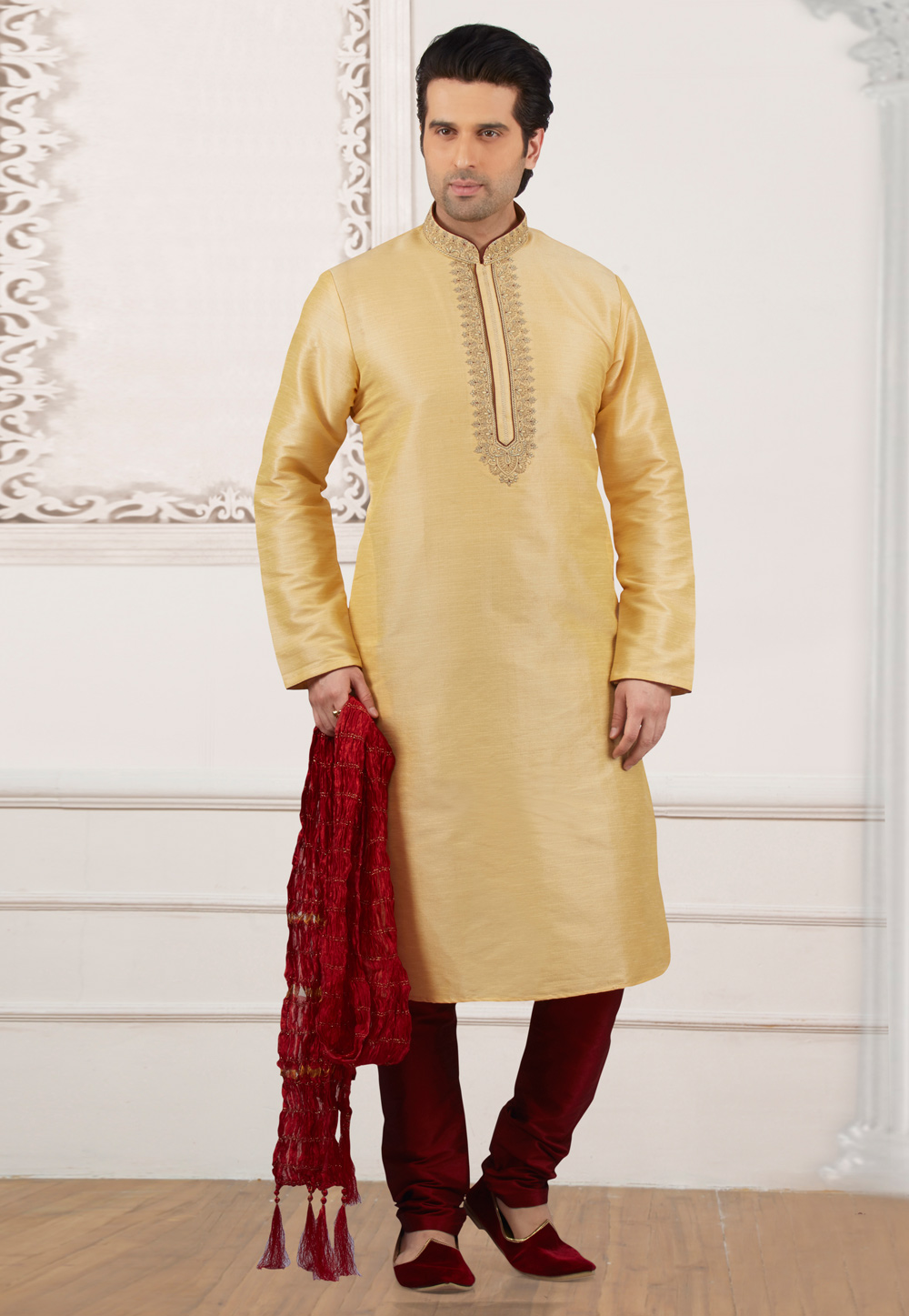 Golden Art Silk Readymade Kurta Pajama 154826