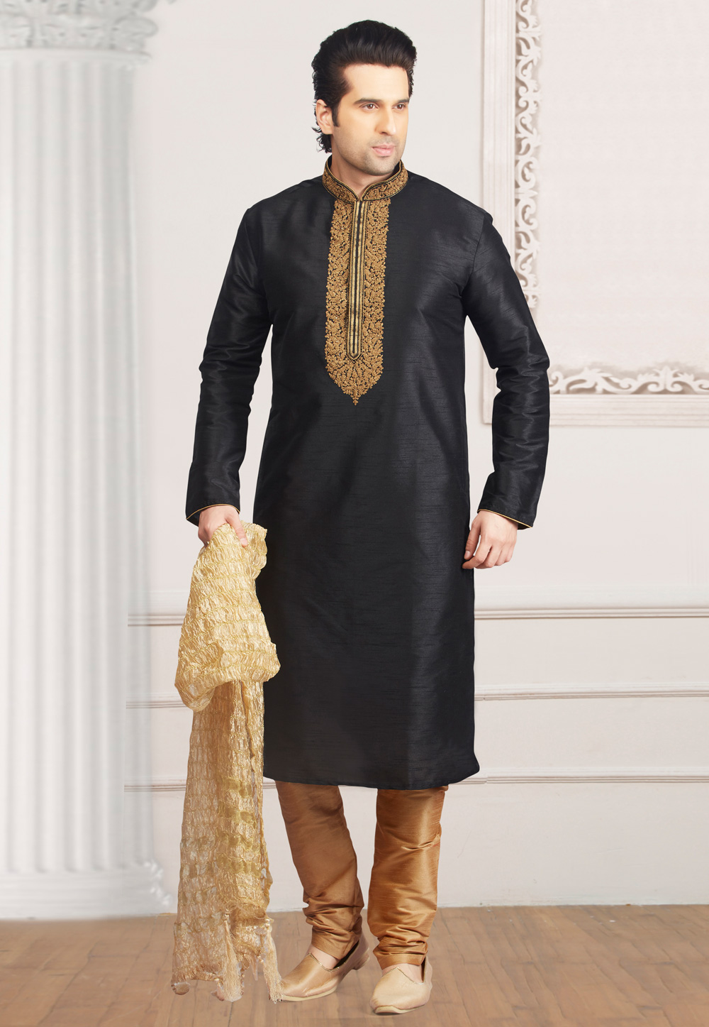 Black Art Silk Readymade Kurta Pajama 154903