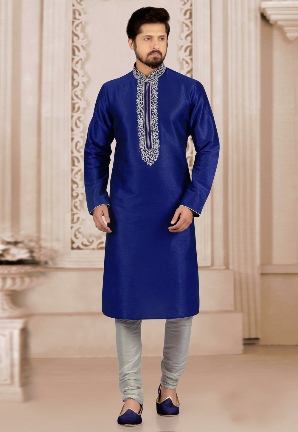 Blue Art Silk Readymade Kurta Pajama 154908