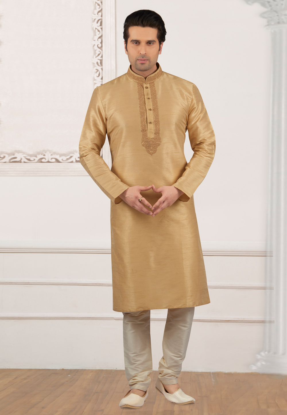 Beige Art Silk Readymade Kurta Pajama 154917