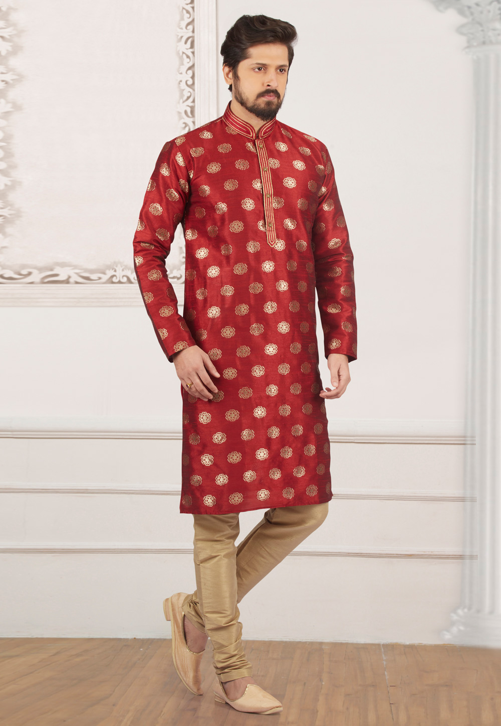 Maroon Jacquard Readymade Kurta Pajama 154931