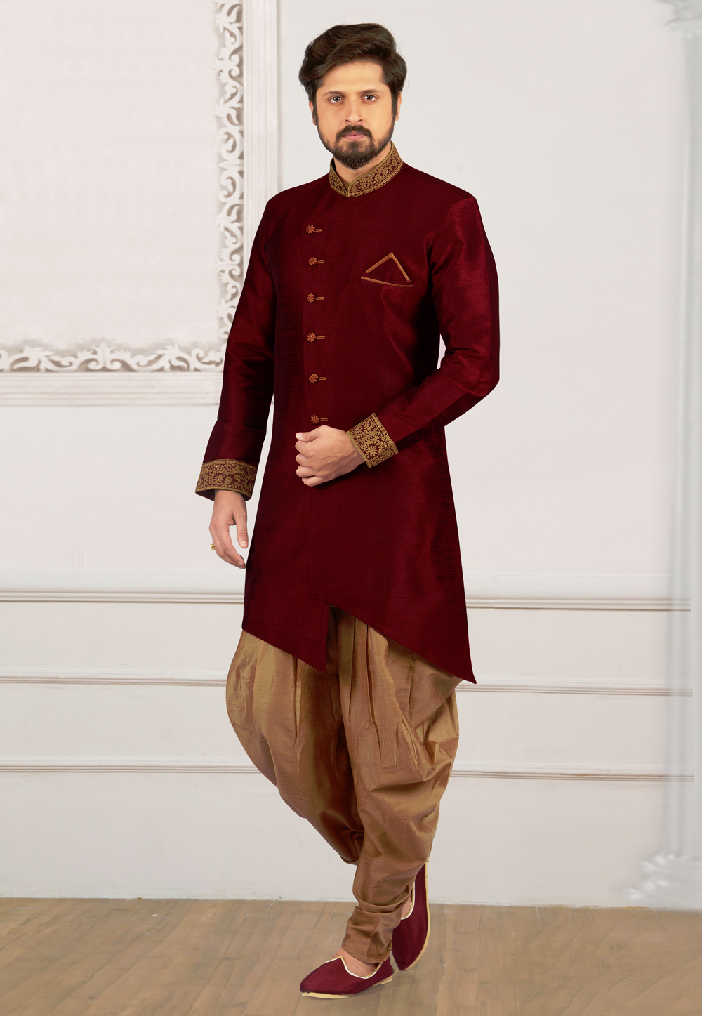 Wine Art Silk Readymade Indo Western Suit 154938