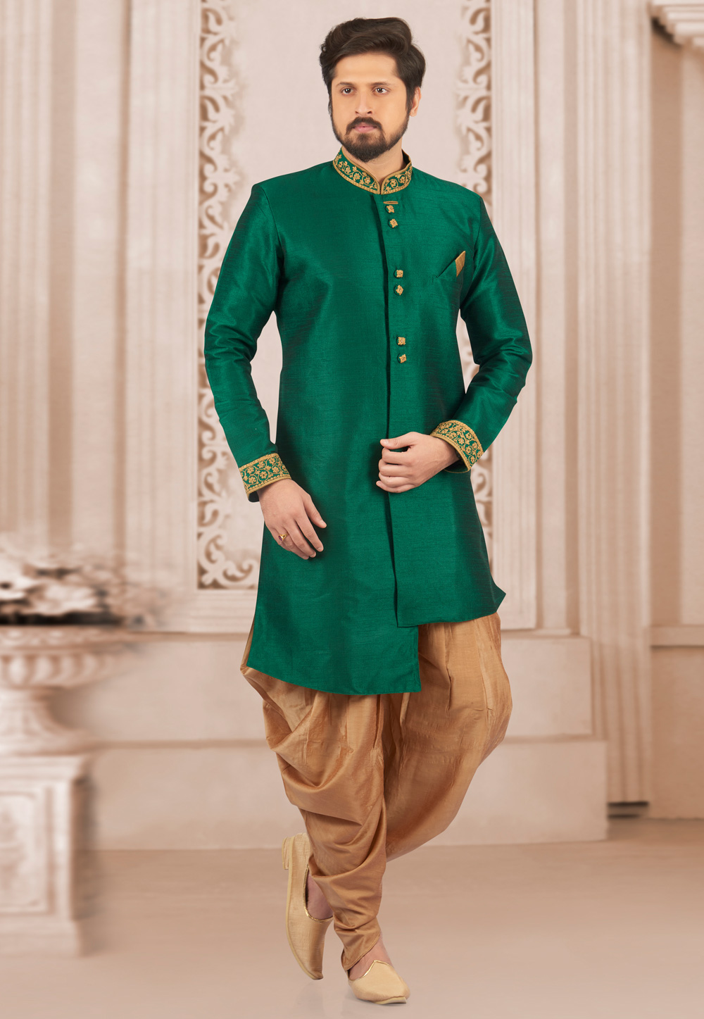 Green Art Silk Readymade Indo Western Suit 154939