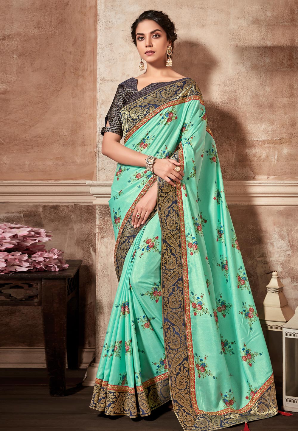 Aqua Silk Saree With Blouse 182092