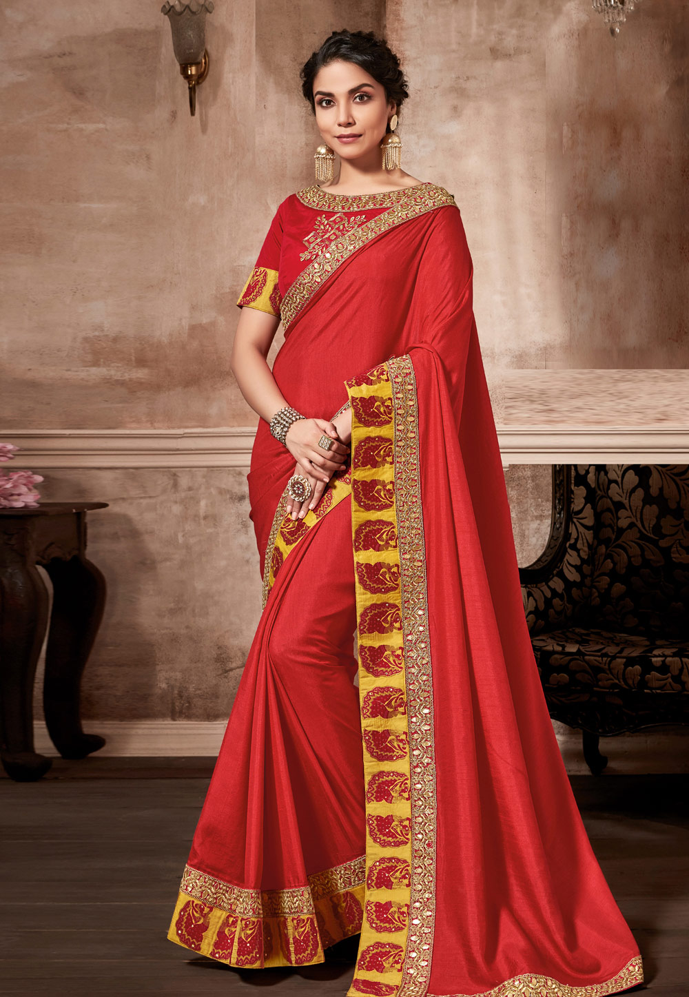 Red Satin Festival Wear Saree 182099