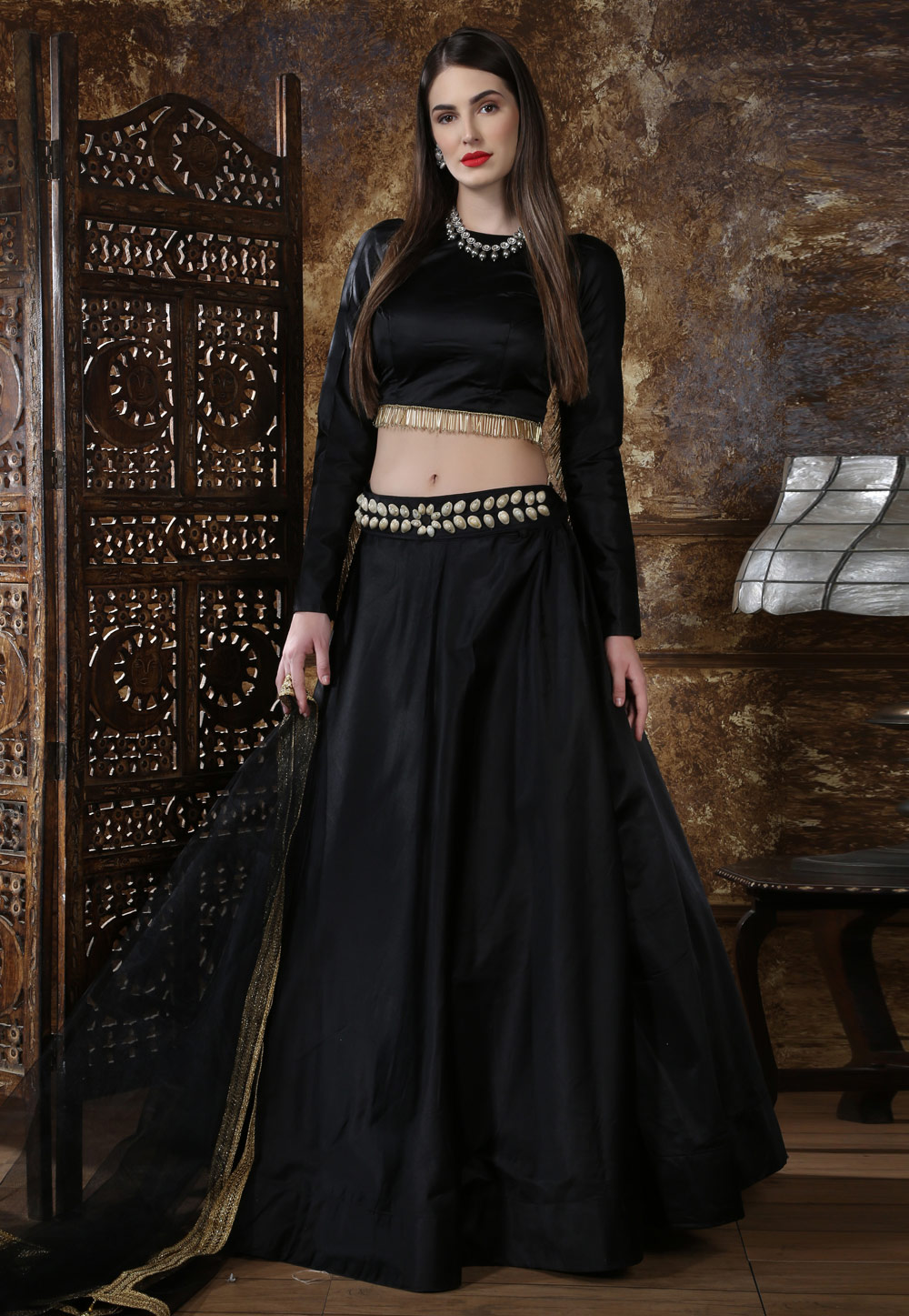 Black Taffeta Circular Lehenga Choli 184744