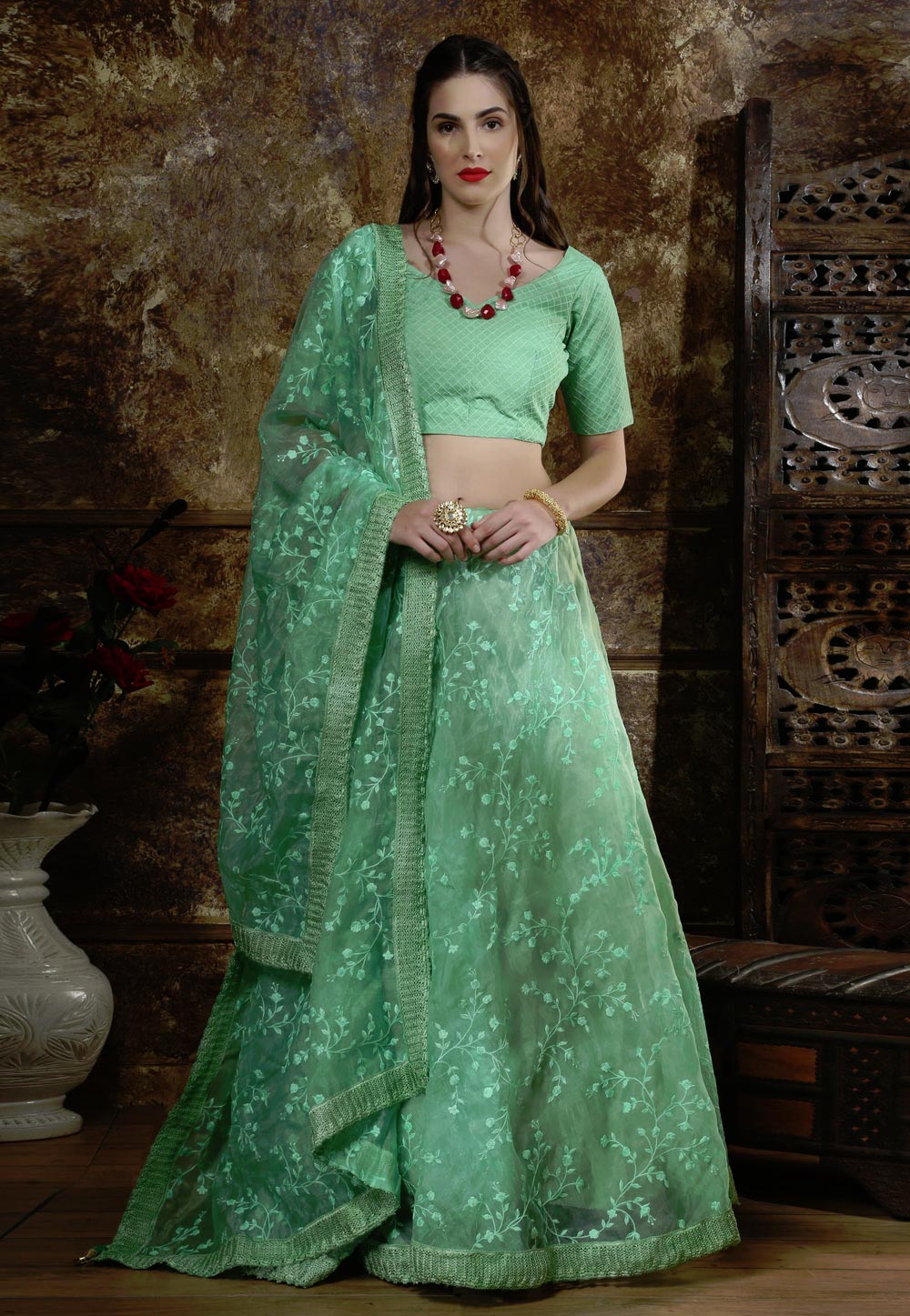 Green Organza Circular Lehenga Choli 184746