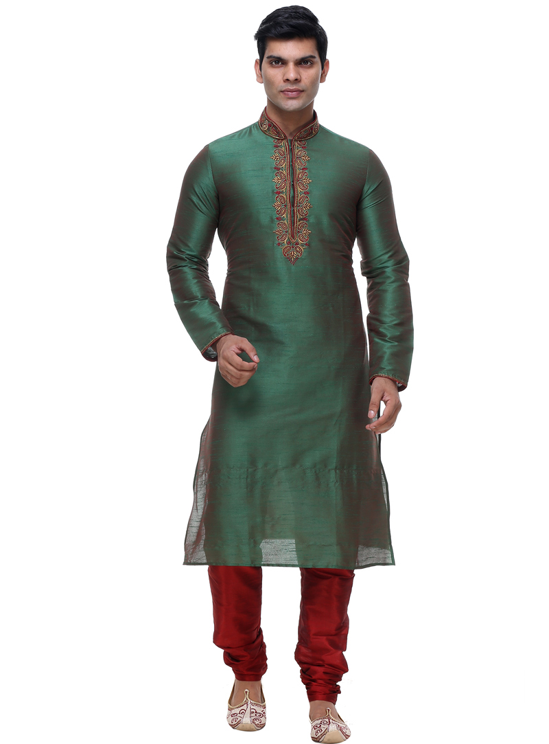 Green Silk Readymade Kurta Pajama 92910
