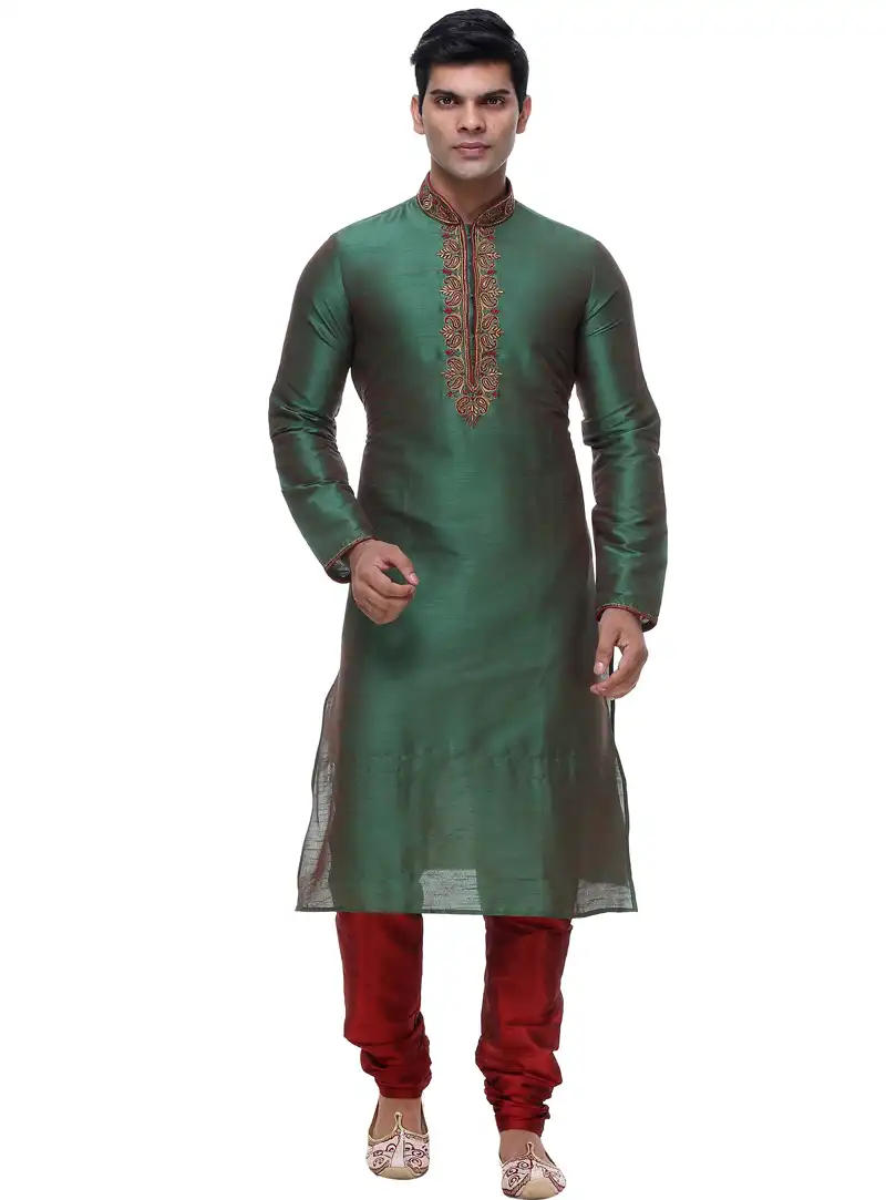Green Silk Readymade Kurta Pajama 92910