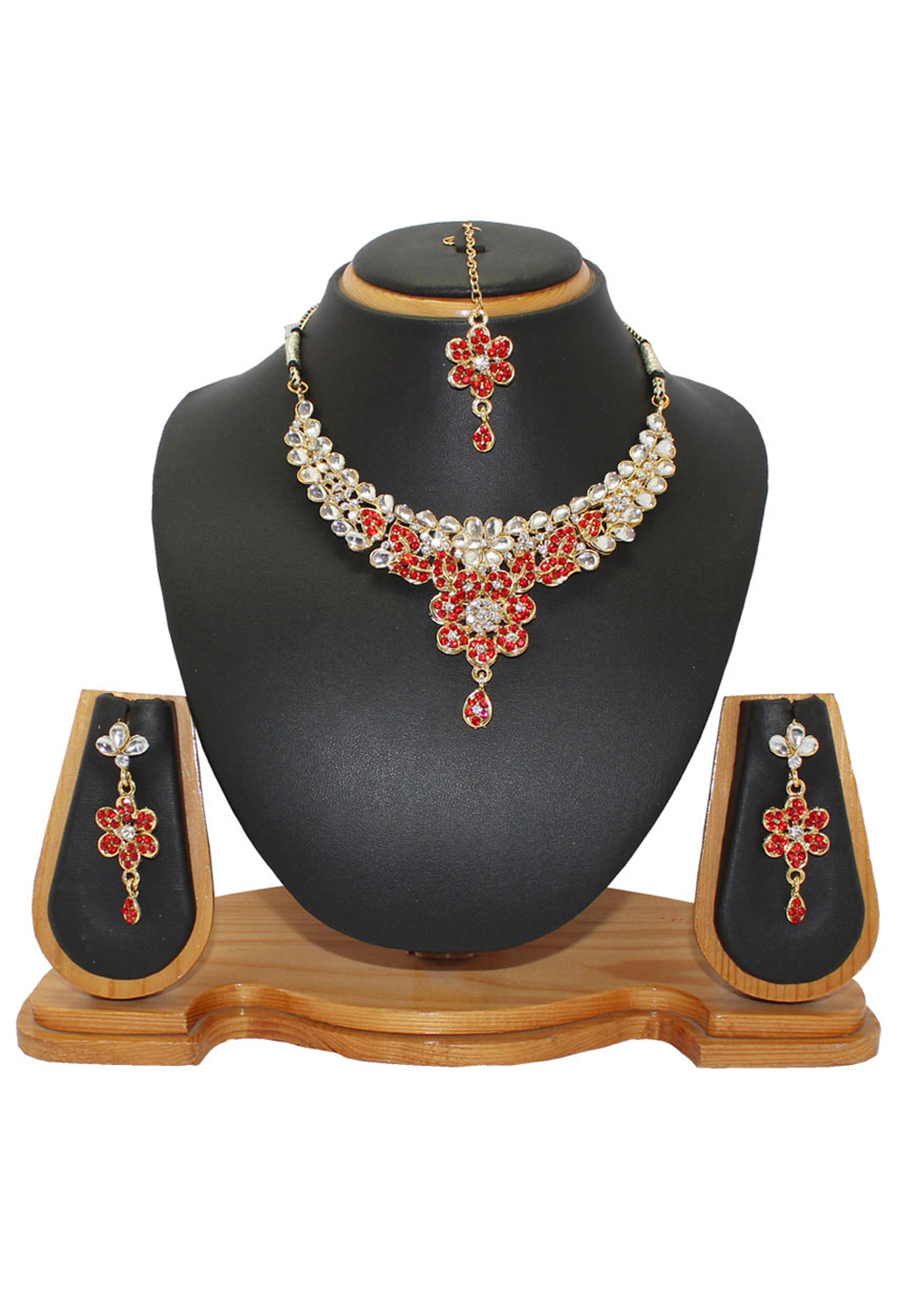 Red Alloy Austrian Diamonds Necklace With Earrings and Maang Tikka 64339