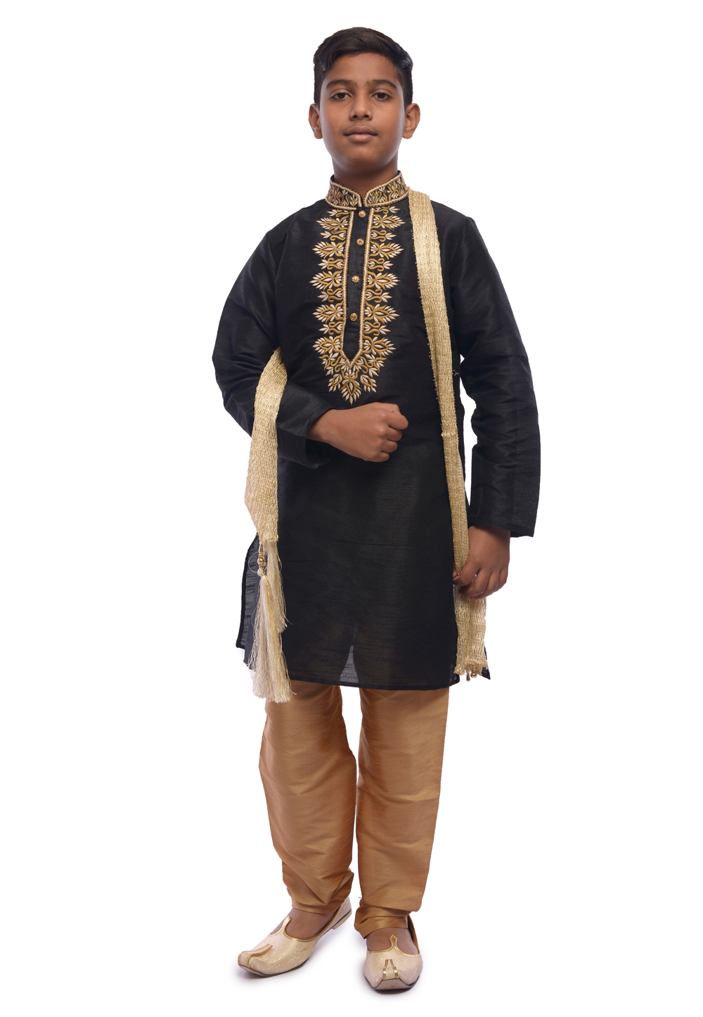 Black Dupion Silk Kids Kurta Pajama 278103