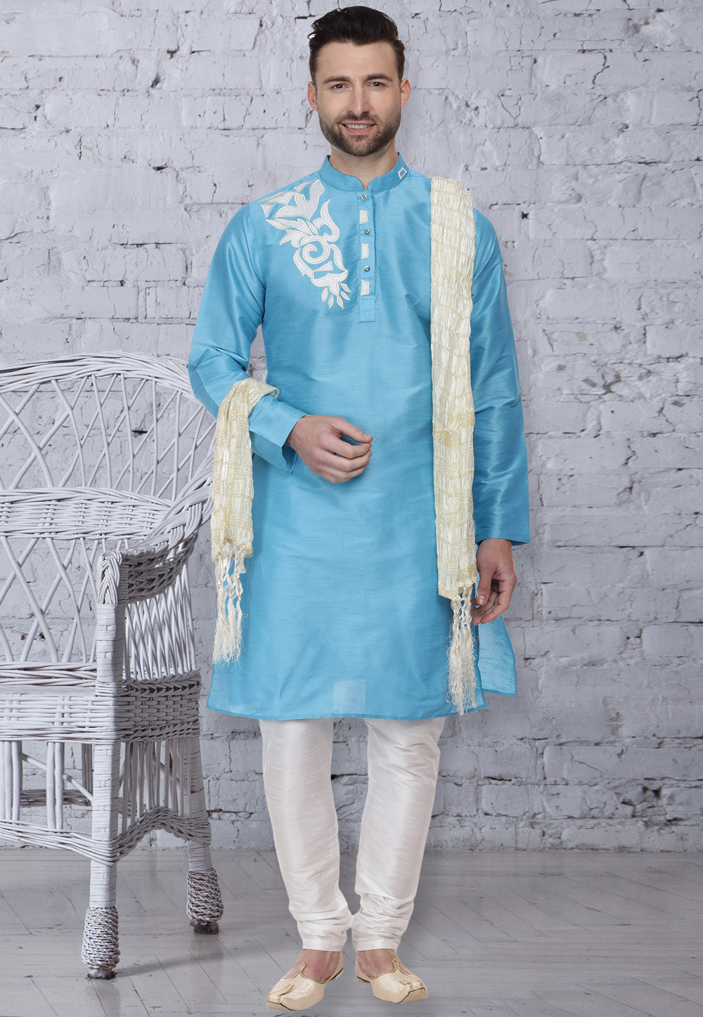Aqua Dupion Silk Readymade Kurta Pajama 160970