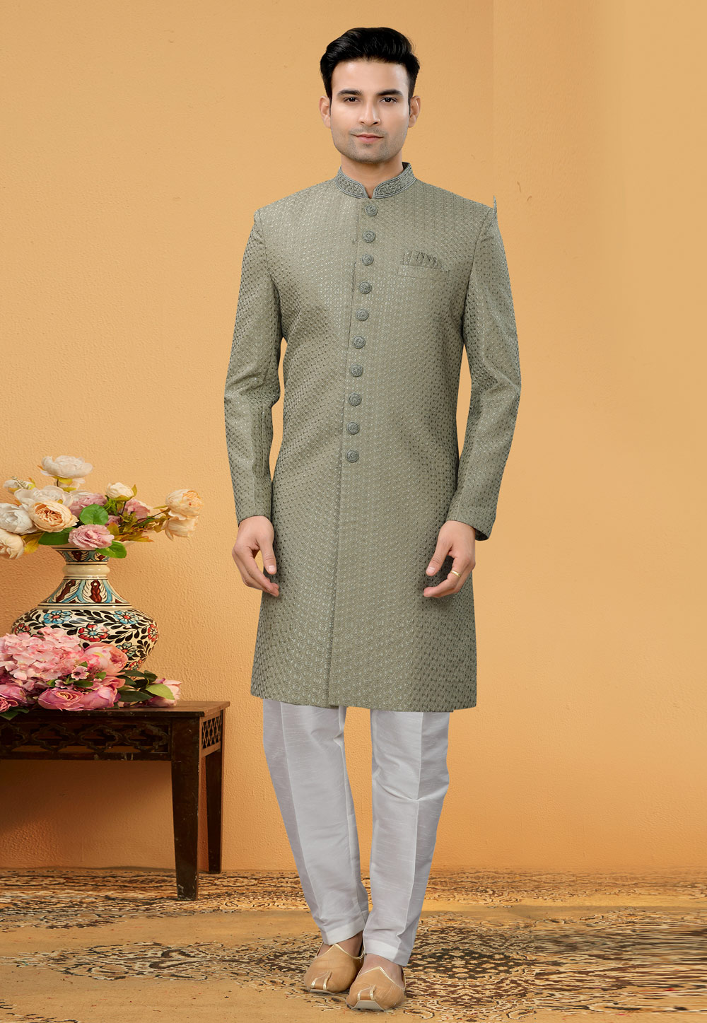 Brown Art Silk Achkan Style Sherwani 261161