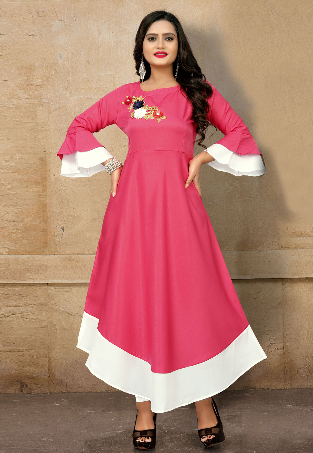 Pink Rayon Frill Sleeve Kurti 216212