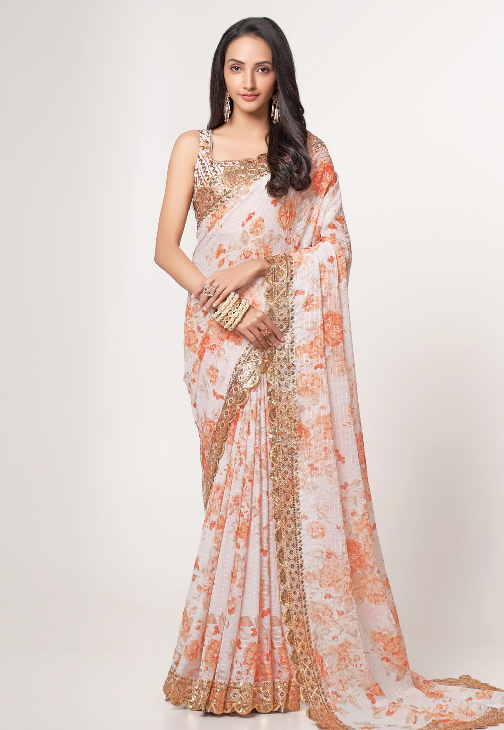 White Organza Floral Print Saree 265077