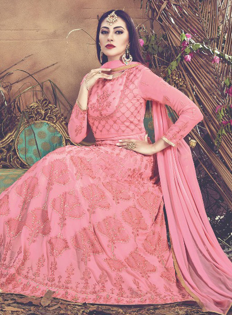Pink Faux Georgette Long Anarkali Suit 148023