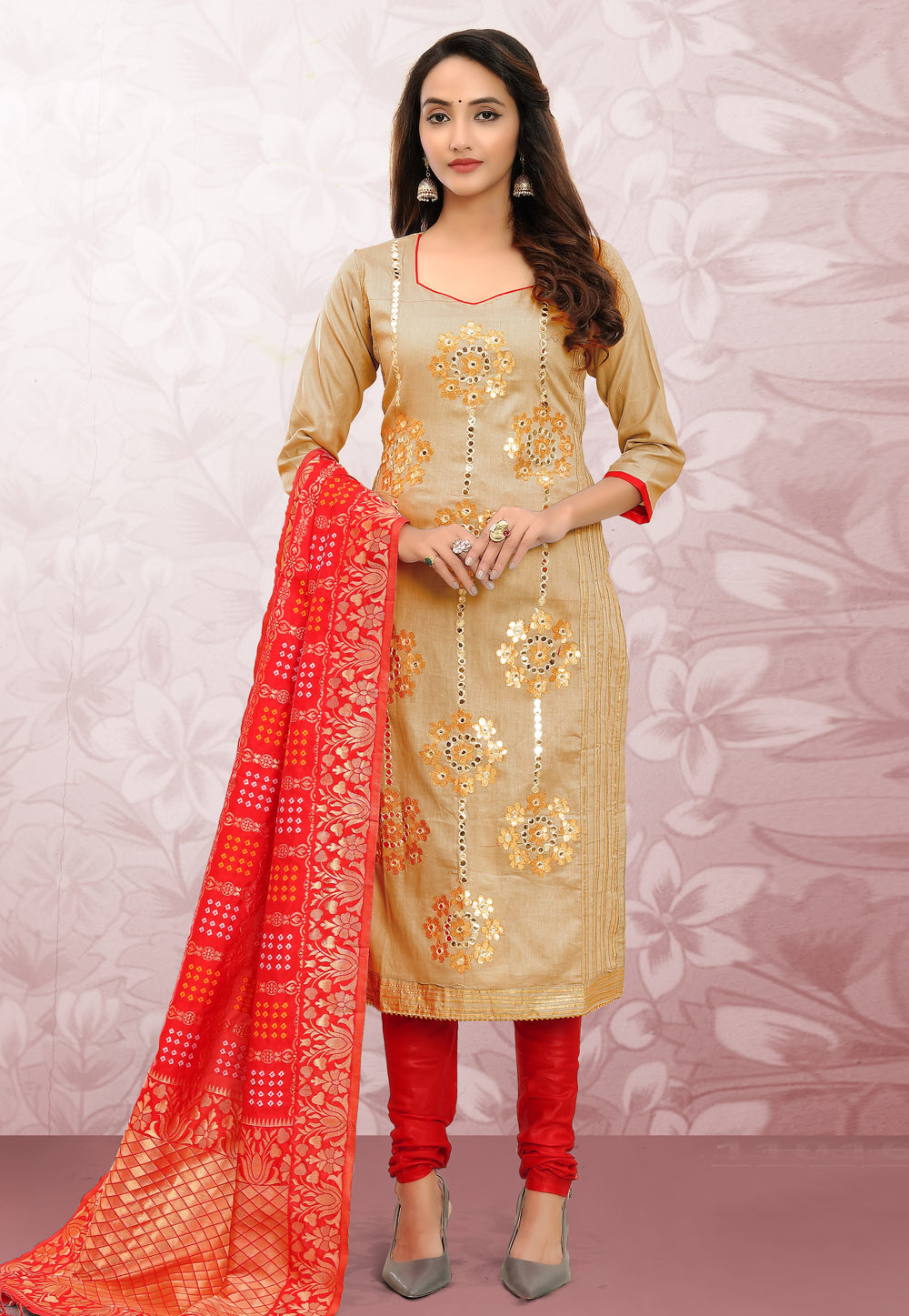 Beige Cotton Churidar Salwar Suit 219290