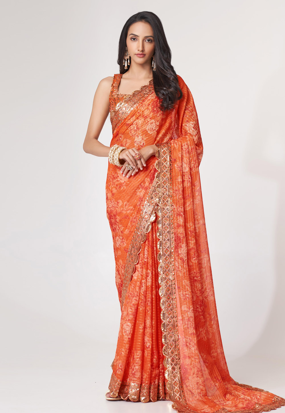 Orange Organza Saree With Blouse 265078