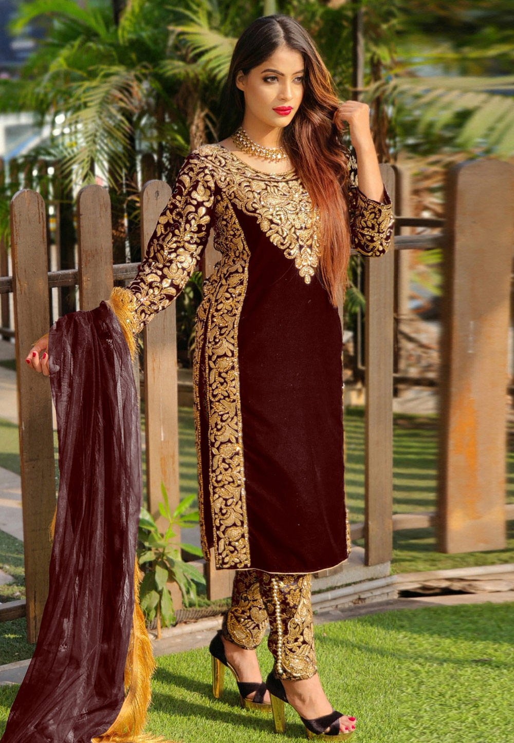 Wine Velvet Kameez With Pant 221690
