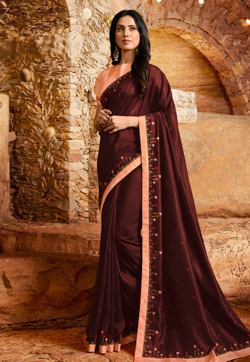 Wine Art Silk Party Wear Saree 216458