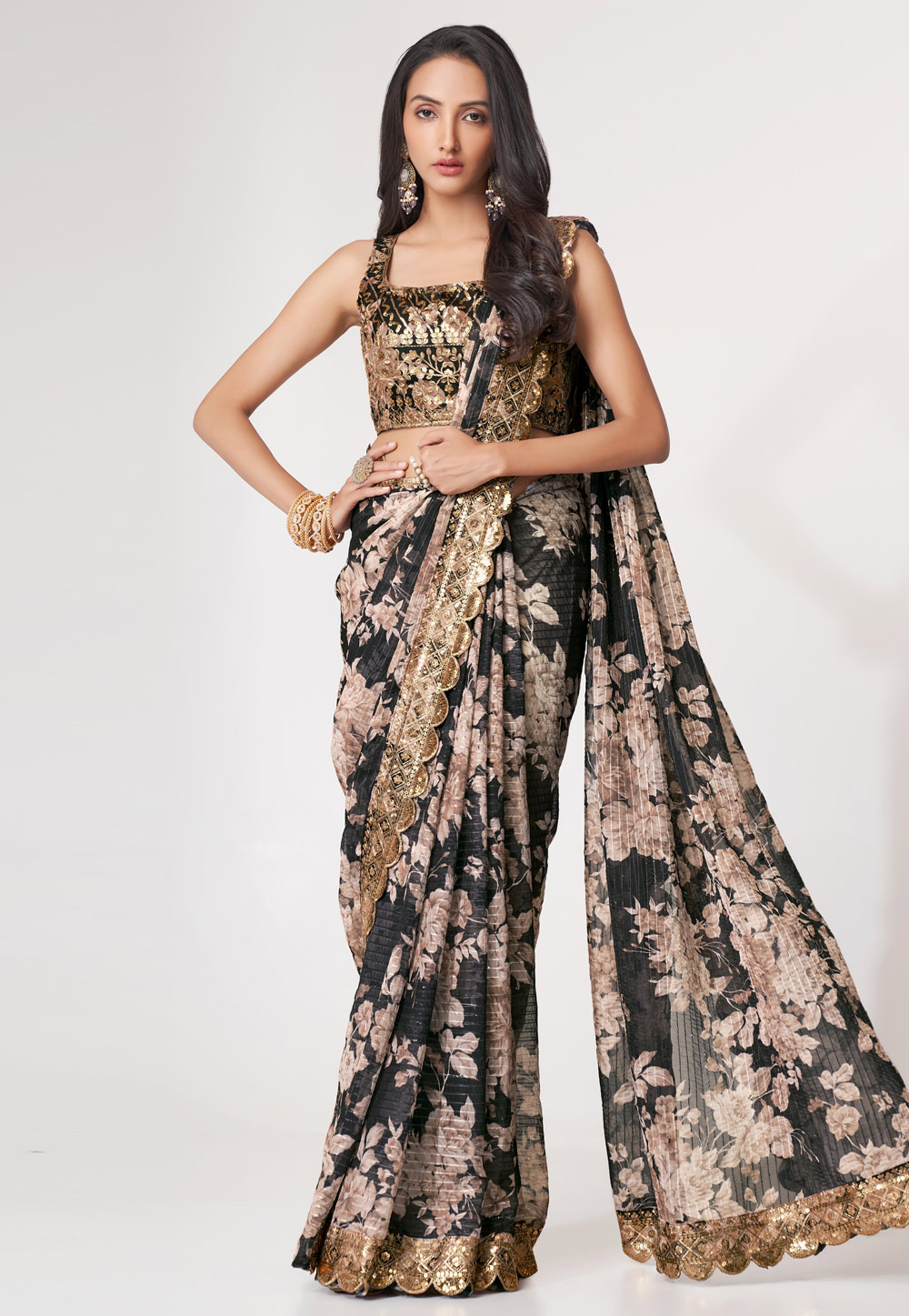 Black Organza Floral Print Saree 265079