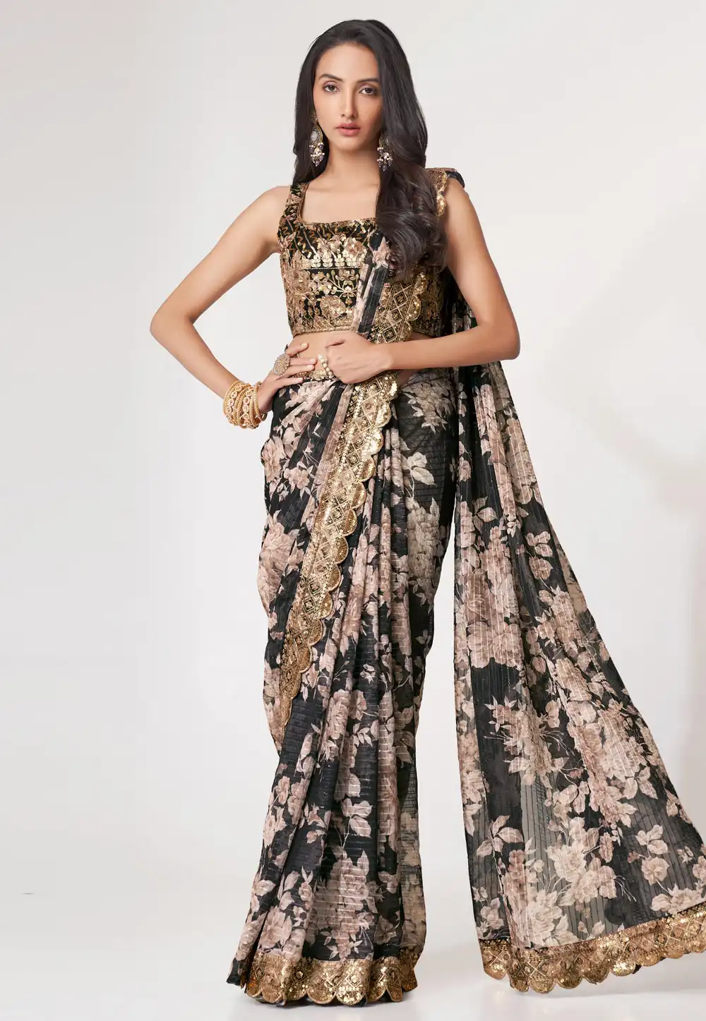 Black Organza Floral Print Saree 265079