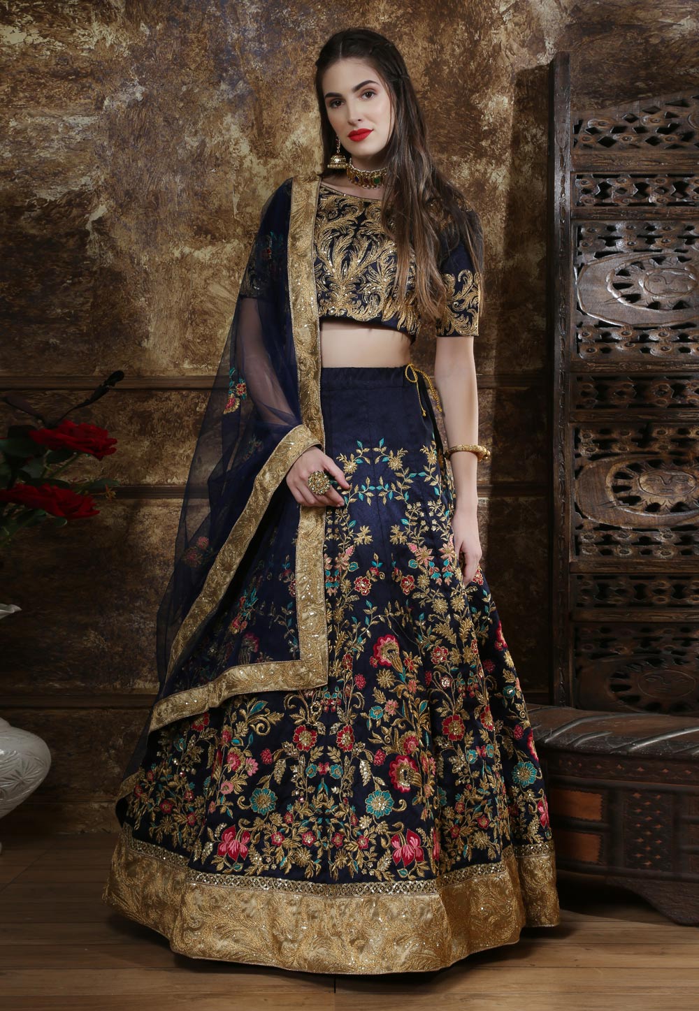 Navy Blue Silk Embroidered Circular Lehenga Choli 182435