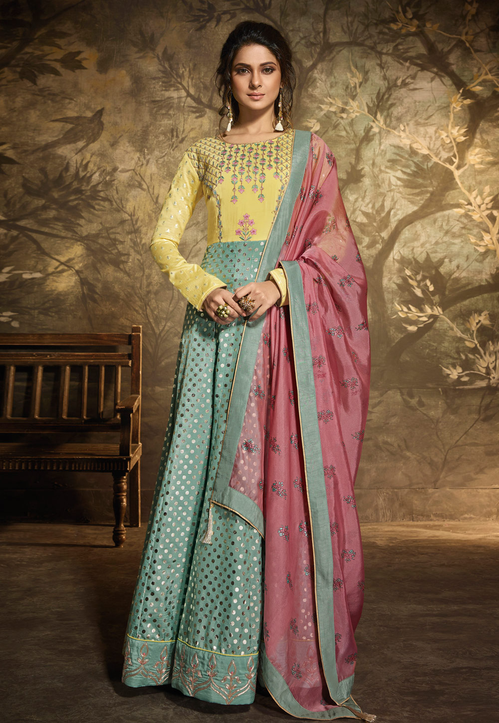 Jennifer Winget Sea Green Silk Embroidered Long Anarkali Suit 167064