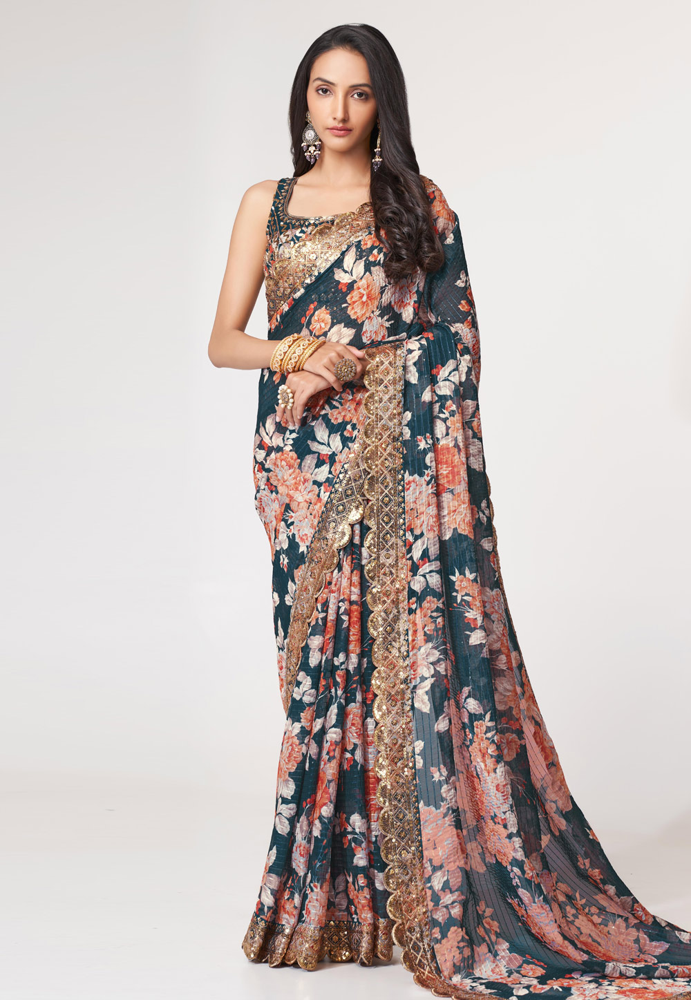Teal Organza Saree With Blouse 265080