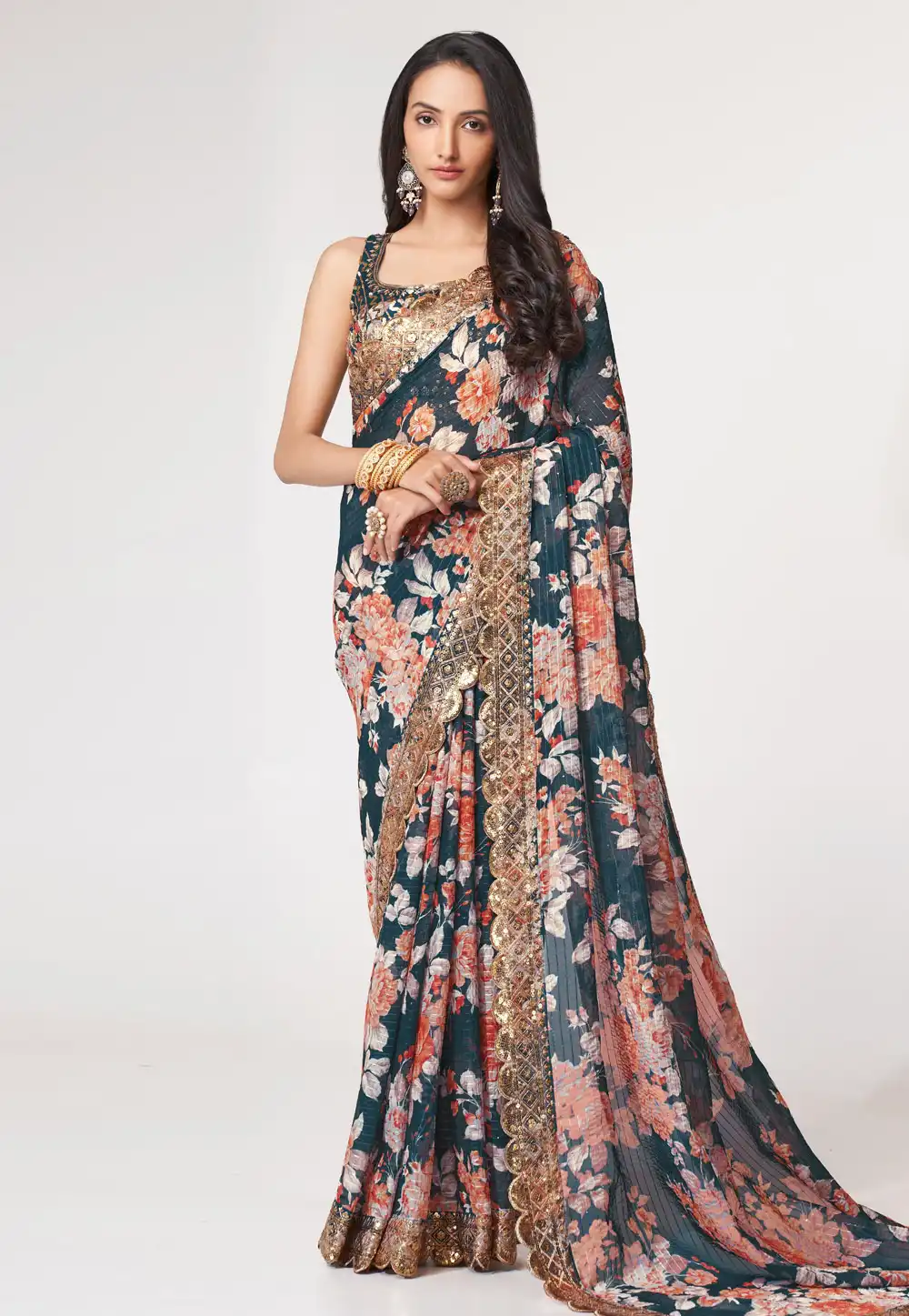Teal Organza Saree With Blouse 265080