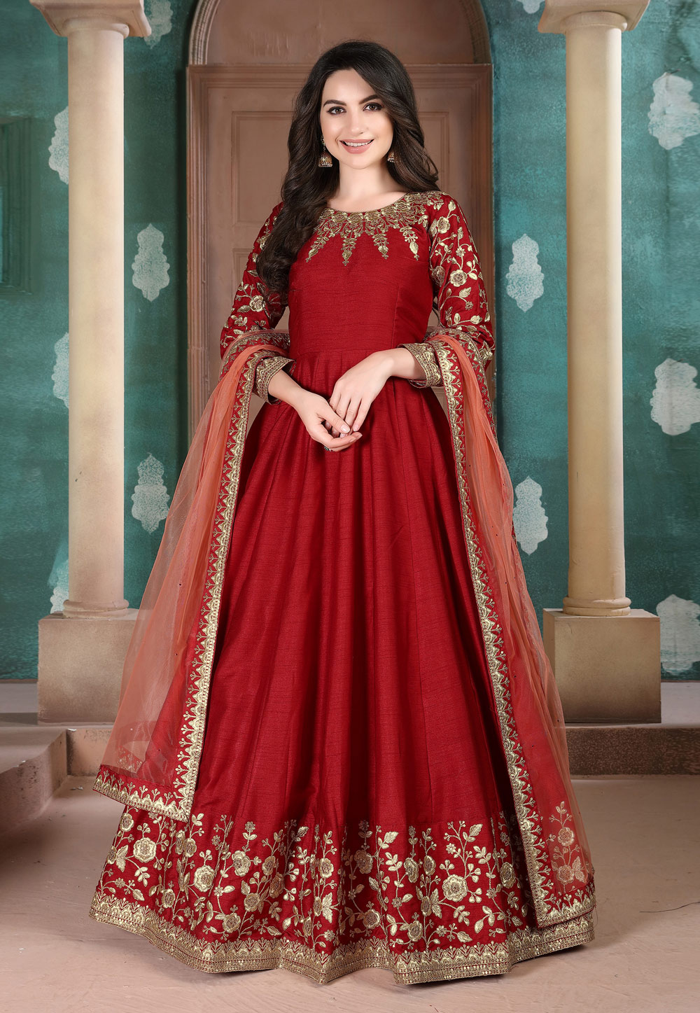 Red Silk Embroidered Long Anarkali Suit 209528