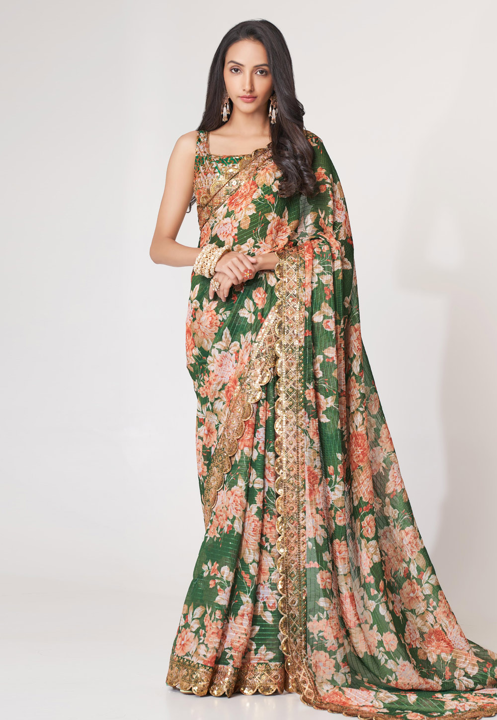 Green Organza Floral Print Saree 265081