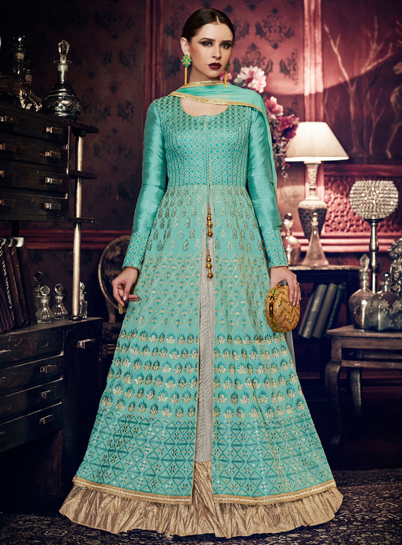 Sky Blue Silk Floor Length Anarkali Suit 118585