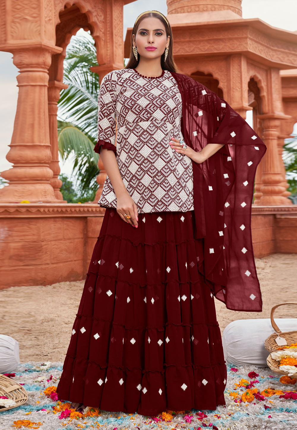 Maroon Faux Georgette Long Choli Lehenga 258818