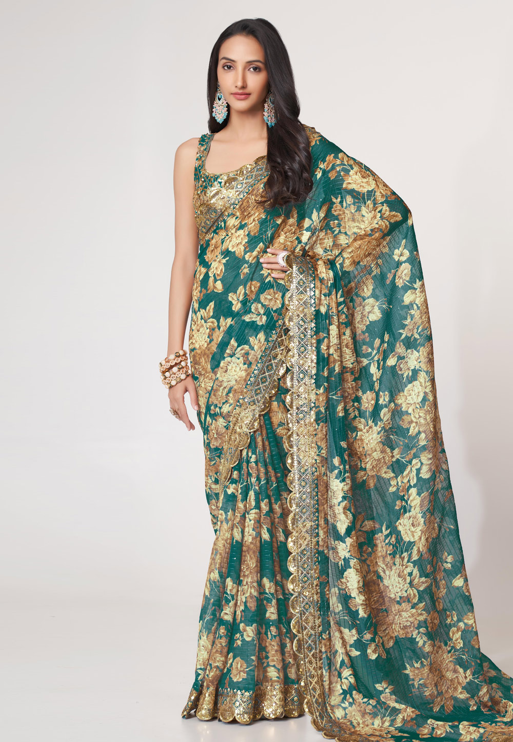 Teal Organza Saree With Blouse 265082