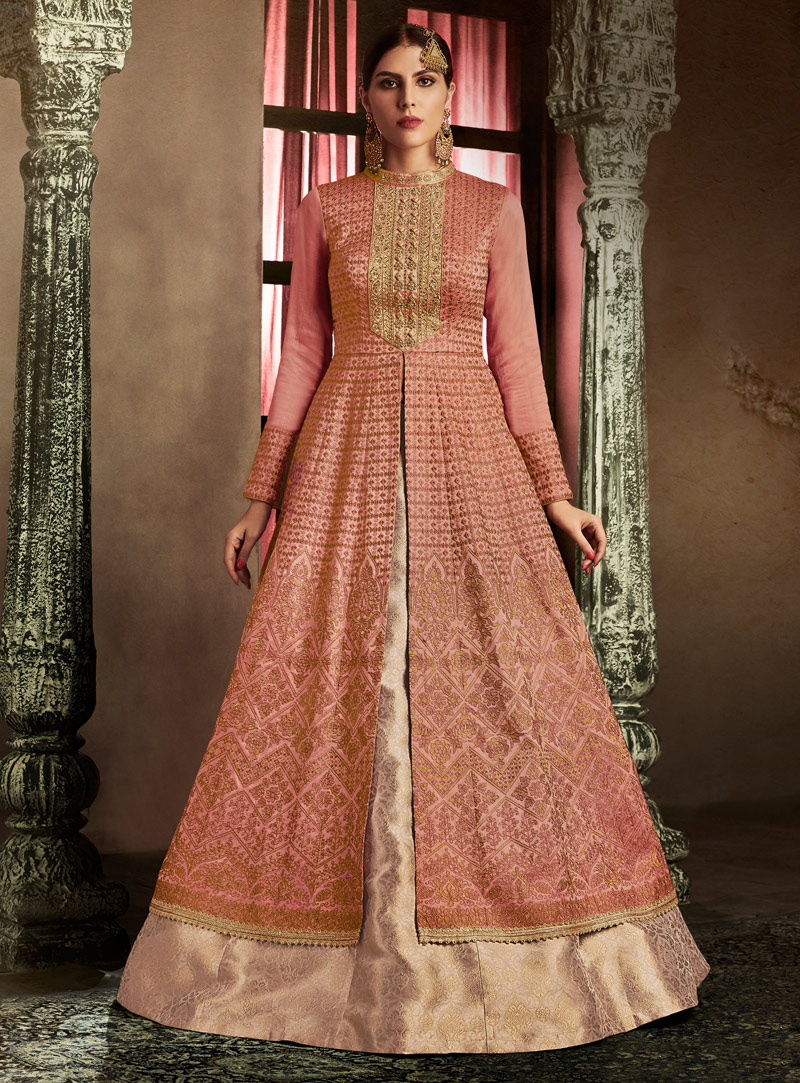 Pink Silk Long Choli Lehenga 127875