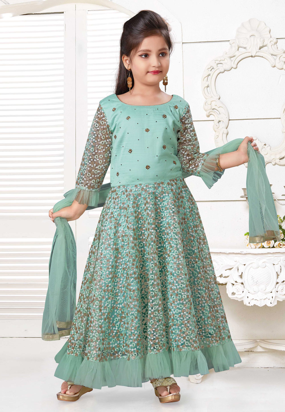 Sea Green Silk Kids Anarkali Suit 216784